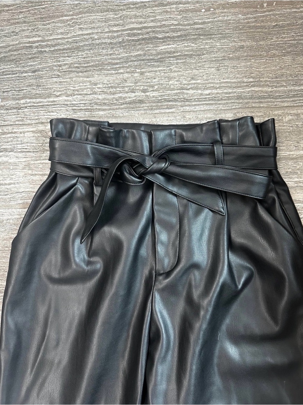 Lucy Paris Black Faux Leather High-Waist Paperbag Pants with Tie Belt